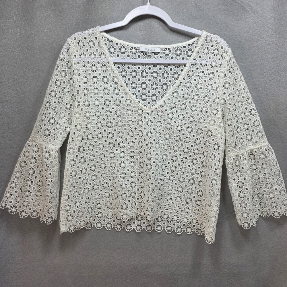 Lucy Paris Floral Lace Top Women M Boho Vneck Bell Sleeve White Eyelet
